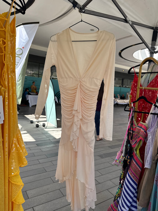 vestido corto largo mesh beige