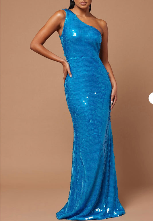 vestido 1 hombro lentejuelas azul