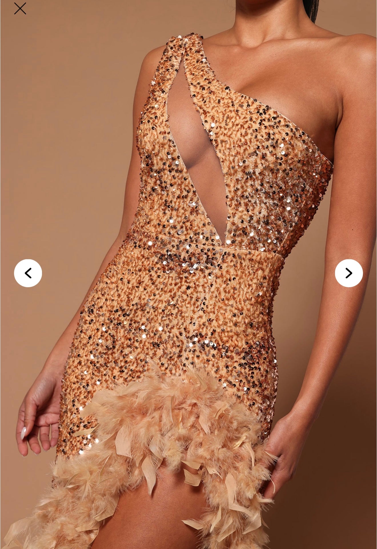 vestido con lentejuelas y plumas