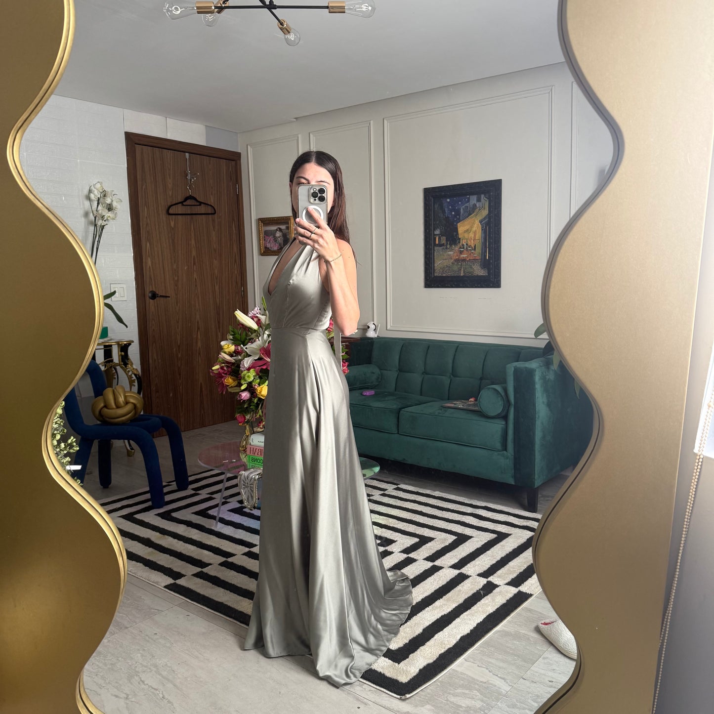 Vestido formal satin color olivo