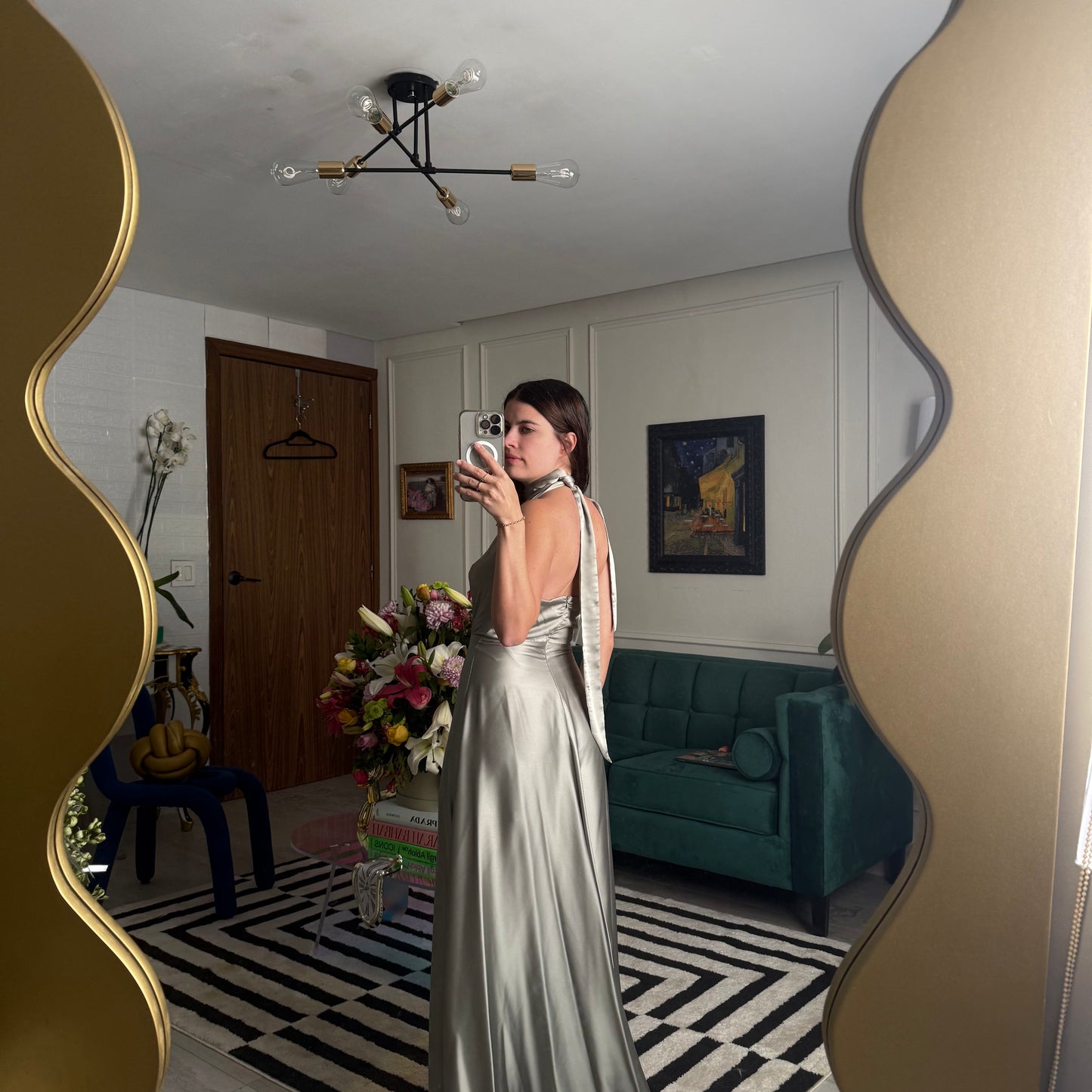 Vestido formal satin color olivo